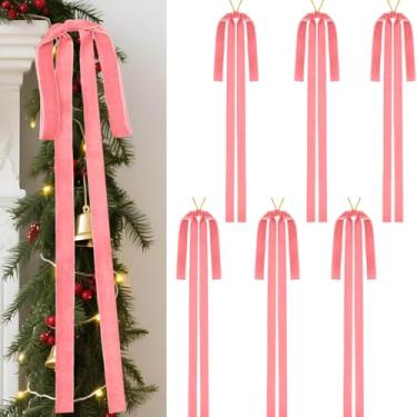 Imagem de 6 peças de laços de veludo rosa de Natal 59 x 39 cm, laço rústico grande de veludo para escadas de Natal, laço de fita de topo de árvore vintage pré-amarrado para decoração de casa, guirlanda de porta
