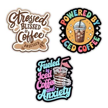 Imagem de Conjunto de 3 peças Stressed Blessed and Coffee Obsessed, Powered Iced, Fueled by Iced Coffee and Anxiety Sticker C*ffee Lover Stressed Funny Office Hard Hat Blue Collar Impermeável 5 cm Die-Cut Vinyl