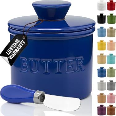 Imagem de Priority Chef Prioritychef Butter Crock com Tampa, Manteiga para Barrar Sob Demanda, Protetor de Manteiga Francesa para Deixar No Balcão com Linha de Água, Prato de Manteiga Francesa de Cerâmica, Azul