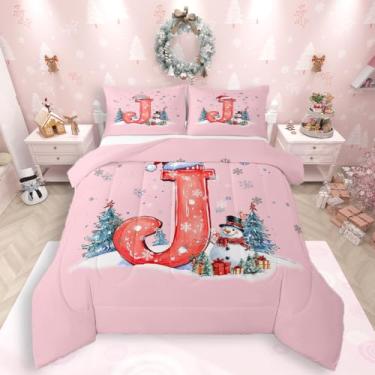 Imagem de Feelyou Conjunto de cama macio para meninos e meninas, conjunto de edredom com letra J, boneco de neve, chapéu de Papai Noel, edredom personalizado, inicial J, decoração de quarto, arte abstrata
