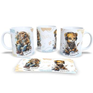 Imagem de Caneca de Cerâmica com Leão Roqueiro, Design Artístico, Estampa Musical em Jeans, Xícara para Café e Chá, 325ml (18807)