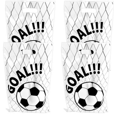 Imagem de Sacos de presente de futebol (16,5 x 24 cm), 100 peças de sacos de futebol de plástico com alças para presentes, doces, lanches, lembrancinhas, suprimentos de lembrancinhas de festa de aniversário de