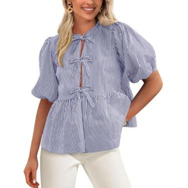 Imagem de Blusa feminina PRETTYGARDEN, gravata frontal, listrada, 2025, azul mar
