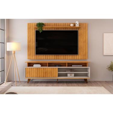 Imagem de Rack Bancada c/ Painel p/ TV até 65 Pol Lume/Flow Ripado Porta e Nichos 180x168cm Cedro/Bali - DJ Móveis