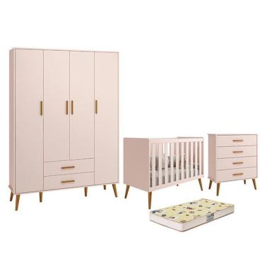 Imagem de Dormitório Infantil Isis Guarda Roupa 4 Portas Cômoda E Berço Rosa Com Colchão D18 Reller Móveis Rosa