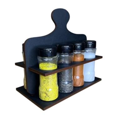 Imagem de Porta Temperos Condimentos MDF Madeira Reforçada Mini Tábua c/ 8 Potes 130ml Tampas Dosadoras Dupla