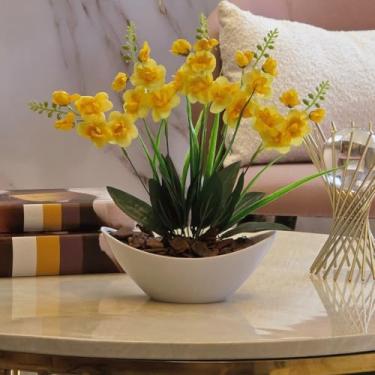 Imagem de Arranjo de Orquídea Artificial Planta Decorativa Vaso e Casca Polida(Amarelo1)