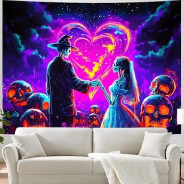 Imagem de BVBOX Tapeçaria de Halloween com luz negra, UV reativo que brilha no escuro preto luz tríplice tapeçaria pôsteres para sala de estar, quarto (amantes de esqueleto, 228,6 cm x 177,8 cm)