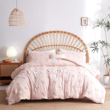 Imagem de Bildenly Conjunto de edredom boêmio, tamanho casal, rosa, adornado, texturizado, 3 peças, casa de fazenda, chique, bordado, macio, jacquard macio, para todas as estações, com 2 fronhas