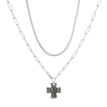 Imagem de MANZHEN Colar de cruz grossa para mulheres, pingente de cruz com inicial em camadas, vintage, clipe de papel, espinha de peixe, gargantilha de cobra, joia de fantasia, 18 Inches, Metal, Sem Pedra