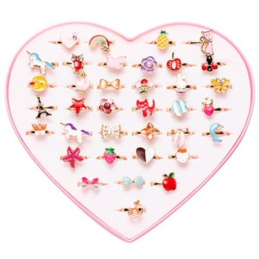 Imagem de 36 peças caixa de presente de anéis ajustáveis para menina, sem duplicação, anéis de joias infantis para crianças conjunto com vitrine em forma de coração, menina fingir brincar e vestir anéis para crianças