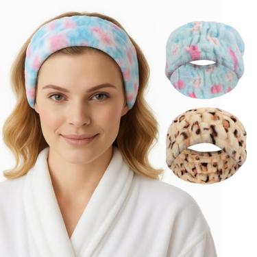 Imagem de Pacote com 2 faixas de cabelo macias de spa de pelúcia para mulheres, maquiagem facial, faixas de cabelo de tecido felpudo para chuveiro e cuidados com a pele