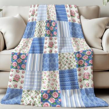 Imagem de GLOBLELAND Manta xadrez floral 150 x 129 cm cobertor de flanela aconchegante flores azuis rosa cobertor felpudo lavável para sofá, cama, dormitório, casa