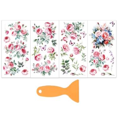 Imagem de OLYCRAFT 4 folhas flores rosa esfregar em transferências 15 x 30 cm aquarela peônia móveis transferências autoadesivo à prova d'água borboleta esfregar em decalques para madeira vidro porcelana