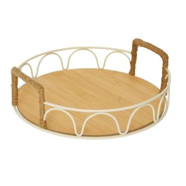 Imagem de Bandeja Decorativa de Bambu com Alças em Corda e Estrutura de Metal – Ideal para Mesa, Café da Manhã, Servir, Centro de Mesa e Decoração (Oval Branco)