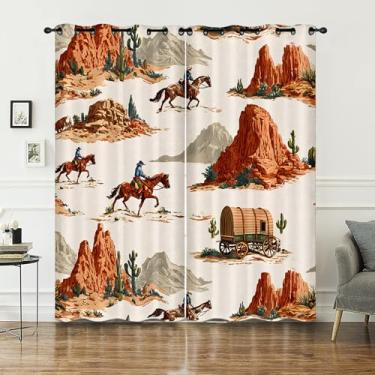 Imagem de AILONEN Cortina de janela caubói ocidental - Cortinas vintage de tratamento de janela do oeste ocidental - Cortina do deserto do oeste selvagem para quarto, sala de estar, painéis 106,7 cm L x 228,6