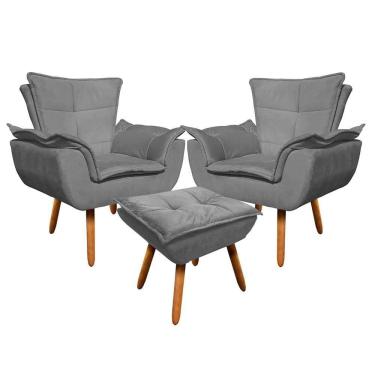 Imagem de Kit 2 Poltronas Pés Palito Com Puff Opla Grafite