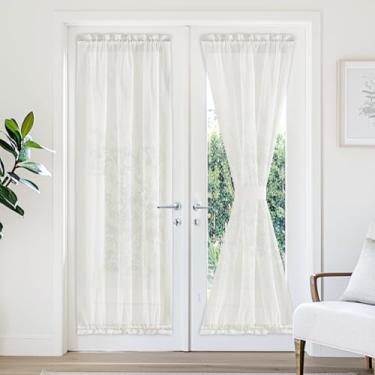 Imagem de Cortina de porta para janela, cortina transparente de voile esmagado para cozinha, escritório, cortina semitransparente para janela, 76 cm de largura x 183 cm de comprimento, 2 painéis, bege claro