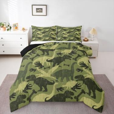 Imagem de jejeloiu Conjunto de edredom de dinossauro, solteiro, para crianças, meninos, meninas, fofo, engraçado, camuflado, verde, para decoração de quarto, microfibra, 2 peças com 1 fronha