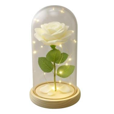 Imagem de Rosa branca eterna em cúpula de vidro com luzes LED – decoração de rosa artificial iluminada – presente romântico para mulheres com caixa de presente para aniversário, aniversário ou época de férias