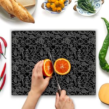 Imagem de Kitchenville Tábua de corte de vidro 41 x 30 cm: protetor de balcão de cozinha de vidro temperado - durável - resistente a arranhões, à prova de calor - Design 4 - design preto