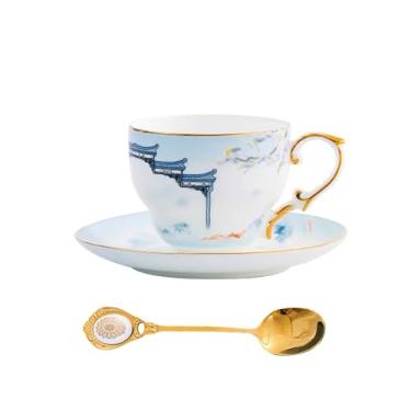 Imagem de PANAOAHU Conjunto vintage de xícara de chá e pires, xícara de porcelana de osso com acabamento dourado, xícara de café de cerâmica com pires e colher, pode ser lavada na lava-louças, copo de estilo