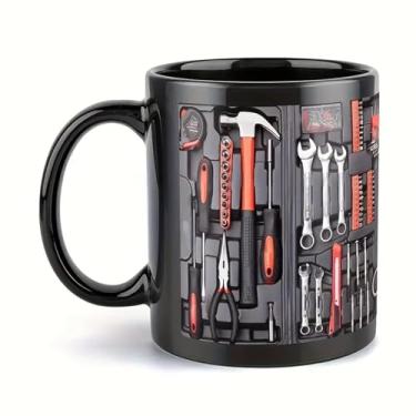 Imagem de Caneca de café com design de ferramenta mecânica, copo de cerâmica preta com padrão de ferramenta 3D, presente novidade para entusiastas de bricolage exclusivo Drinkware com gráficos de caixa de