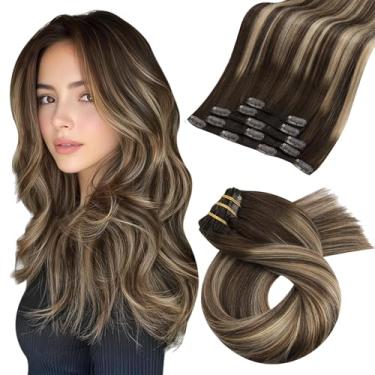 Imagem de Moresoo Clip In Hair Extensions Balayage Humano Real Castanho Escuro Com Loiro Caramelo 5 Peças 80G 18 Polegadas Remy Liso Renda Invisível Trama Dupla Ombré