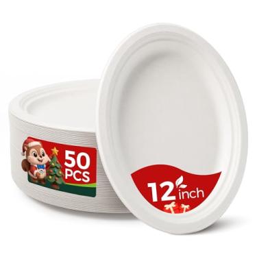 Imagem de hooray mida Pratos de papel ovais 100% compostáveis de 30 cm, pacote com 50 pratos descartáveis grandes resistentes para churrasco, festa, piquenique, ação de graças - branco
