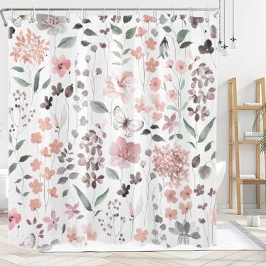 Imagem de Cortina de chuveiro floral para banheiro, boho rosa borboleta padrão botânico cortina de chuveiro com ganchos, aquarela flor silvestre folha de planta moderna estética decorativa conjunto de cortina
