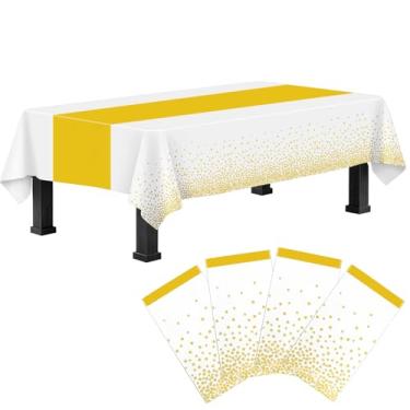 Imagem de 4 pacotes de toalhas de mesa de plástico branco e dourado descartáveis para decoração de festa, toalha de mesa de plástico branco retangular impressa com caminho de mesa dourado para aniversário