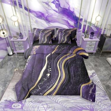 Imagem de Conjunto de edredom infantil completo de mármore roxo e dourado com lençóis, cama de pedra de mármore dourado em uma bolsa, conjunto de cama de 7 peças para meninos, meninas, mulheres, homens, arte