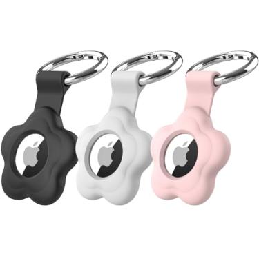 Imagem de Capa de silicone MC Fashion compatível com AirTag, [pacote com 3] capa protetora macia de flores fofas com chaveiro (preto + branco + rosa)