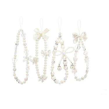 Imagem de Liedrg 4 peças de alça de pulso para telefone com laço de borboleta - Pulseira de pérolas com contas e cordão chaveiro para câmera feminina