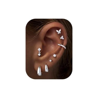 Imagem de M MOOHAM Brincos de argola hipoalergênicos banhados a ouro 14K para mulheres, aço inoxidável cirúrgico, costas planas, pequenos e grossos, argolas para cartilagem, para vários piercings de Natal, Aço