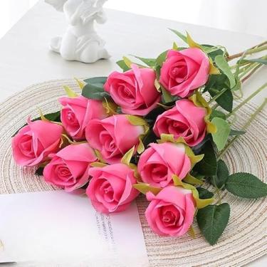 Imagem de 3 peças realistas de seda artificial ramo de rosas com haste longa, buquê de rosas falsas, dia dos namorados, dia das mães, decoração de casamento (rosa vermelha)