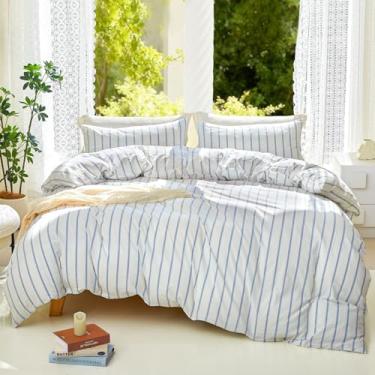 Imagem de DONEUS Conjunto de capa de edredom listrado, tamanho Queen, 100% algodão lavado, 3 peças, super macio, respirável, confortável, natural, linho, texturizado, com fecho de zíper (listras largas azuis de