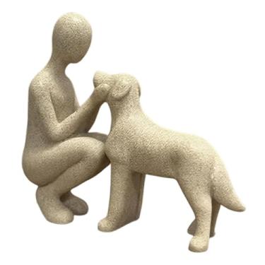 Imagem de Generic Escultura em resina de homem e cachorro, acessório decorativo encantador para casa, arte abstrata multifuncional e fofa, 15,5 x 4,3 x 14 cm, Bege