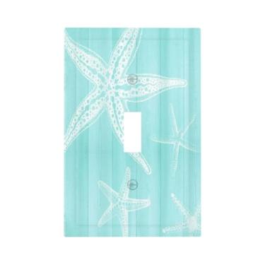Imagem de BHGAHD Capas decorativas de placa de interruptor vintage azul de madeira estrela-do-mar náutica 1 gangue placa de cobertura de interruptor de luz única placa de parede capas de tomada placa de parede