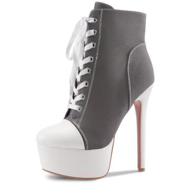 Imagem de Perisis Bota feminina preta plataforma tornozelo salto alto stiletto bota curta cadarço lona sapatos fechados bico redondo com zíper lateral para mulheres sexy primavera outono inverno, Lona cinza, 37