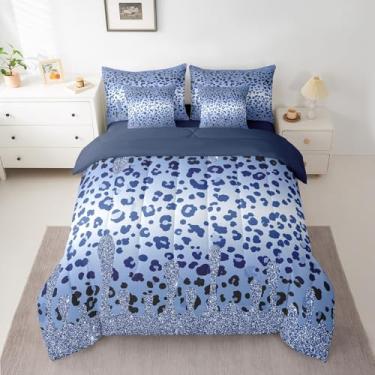 Imagem de Jogo de cama infantil casal com estampa de leopardo, azul ombré (não com glitter), animais prateados brilhantes com 1 edredom, 2 fronhas, 2 fronhas, 1 lençol de cima, 1 lençol com elástico