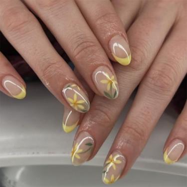 Imagem de Unhas postiças curtas redondas amarelas francesas com flor simples Desien cobertura completa cola acrílica falsa em unha para mulheres, 24 peças