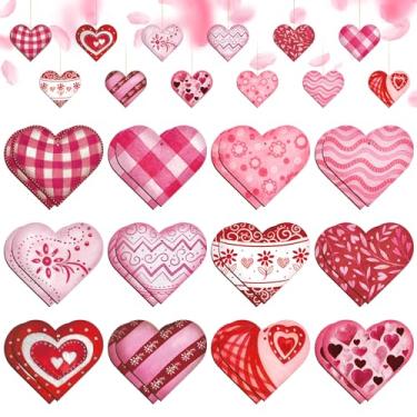 Imagem de Zomiboo 24 peças de enfeites de coração para dia dos namorados, decoração de pendurar etiquetas de madeira vermelha e rosa, enfeite de coração xadrez de búfalo para árvore de casamento, aniversário