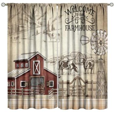 Imagem de FAOTELY Cortina vintage de fazenda vermelha quadriculada animais celeiro moinho de vento cortinas de janela para sala de estar quarto cozinha café (L50 x C 114 cm) x 2 decoração