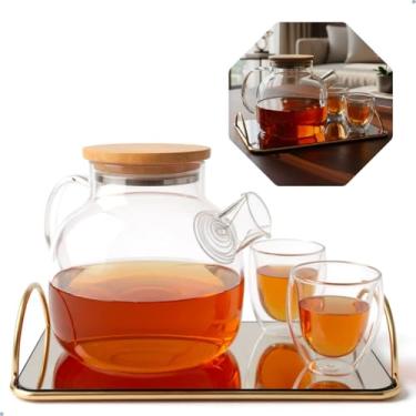 Imagem de Kit Chá Premium com Chaleira Borossilicato 900ml, 2 Copos 80ml e Bandeja Espelhada, Tampa em Bambu, Conjunto para Servir