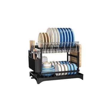 Imagem de Escorredor de Louças Duplo em Metal, Preto Fosco, 2 Andares com Bandeja Coletora, 22x29x39cm, para Cozinha