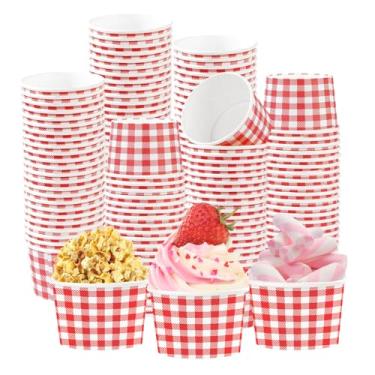 Imagem de 120 peças de copos de sorvete de Natal 340 g descartáveis papel guingão vermelho sobremesa lanche copos de papel xadrez xadrez vermelho e branco para piquenique, churrasco, férias, festa de