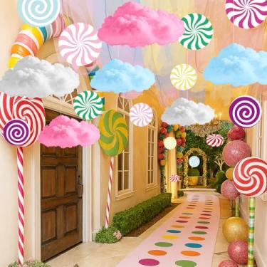 Imagem de VioraWhite 26 peças de cortinas de teto arco-íris céu nuvem para quarto de teto 0,6 m x 3 m Candyland Pastel Natal cortinas de teto pendurado nuvens ornamentos recortes de doces para Halloween Natal