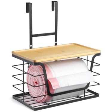 Imagem de CACHOLIV Suporte de saco de lixo grande - Suporte de saco de lixo extragrande com topo de bambu empilhável, ganchos ajustáveis para porta de armário - Organizadores na cozinha/despensa