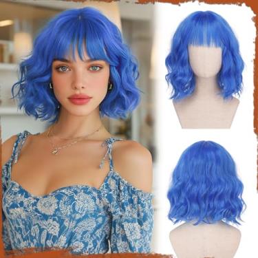 Imagem de Sofeiyan Peruca curta ondulada Bob com franja feminina 30 cm onda de bruxa azul peruca sintética para mulheres peruca natural encaracolada para cosplay diário festa Halloween